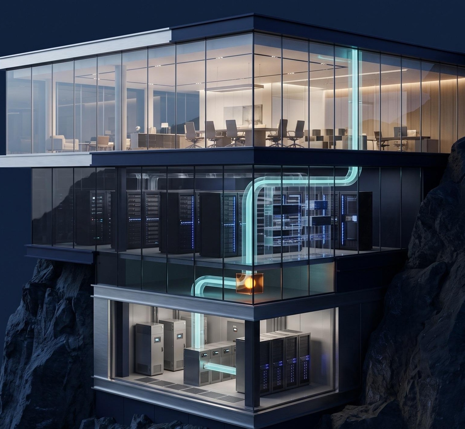 Illustrative TRILOGY brand artwork of a modern building