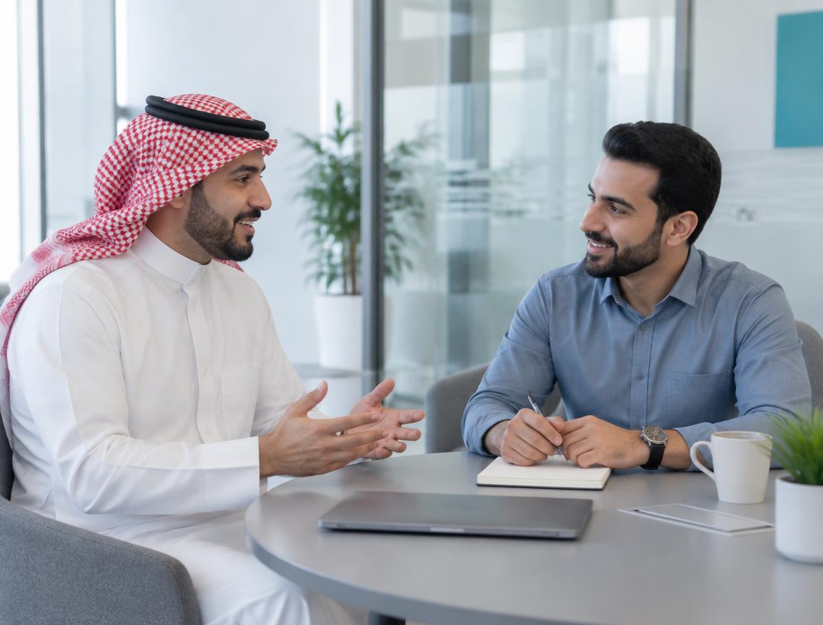 Illustrative face-to-face consultation in a bright office
