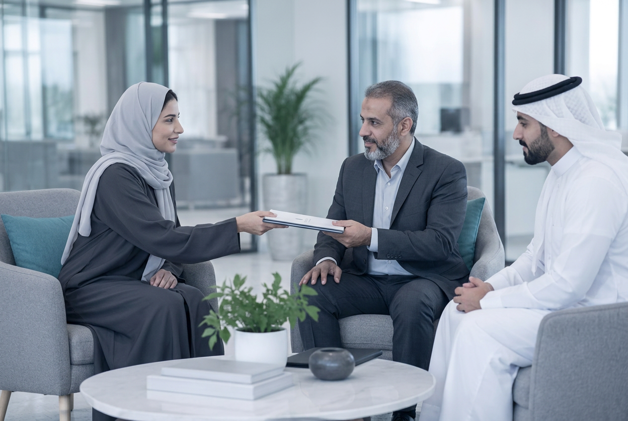 Illustrative Saudi professionals handing over a document binder in a meeting room