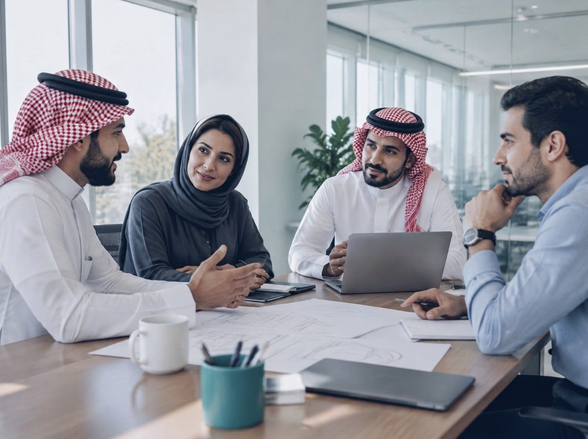 Illustrative seated team discussion in a bright meeting room