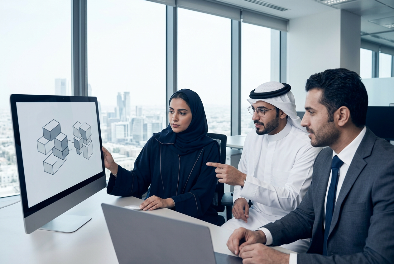 Illustrative Saudi engineer and colleagues reviewing architecture diagrams on a screen