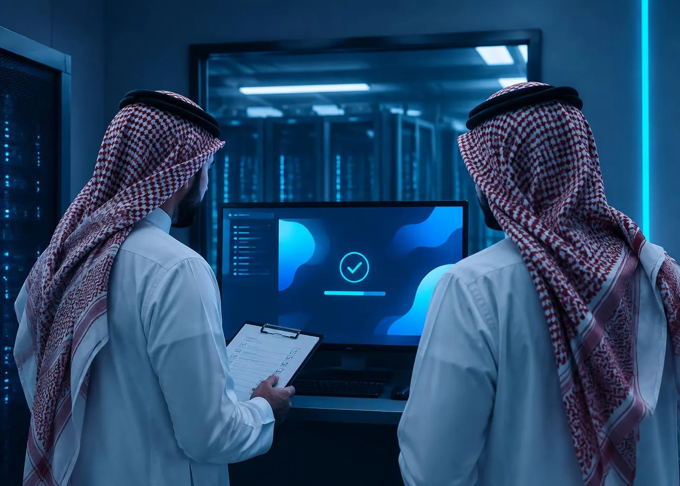 Two engineers watching a restored system come up on a monitor, checklist in hand