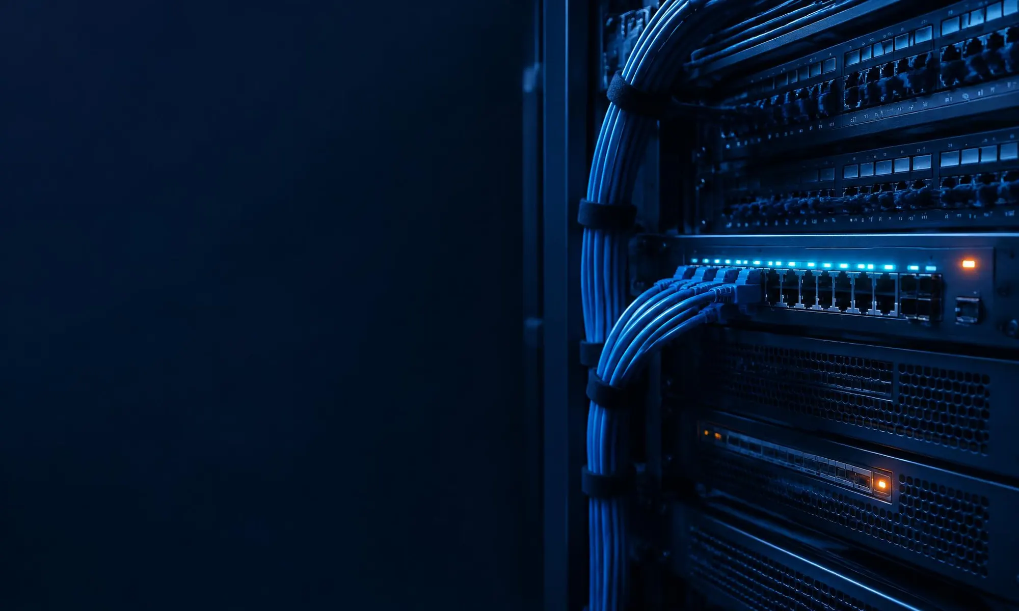 Network core rack with patch panels and an orderly cable bundle