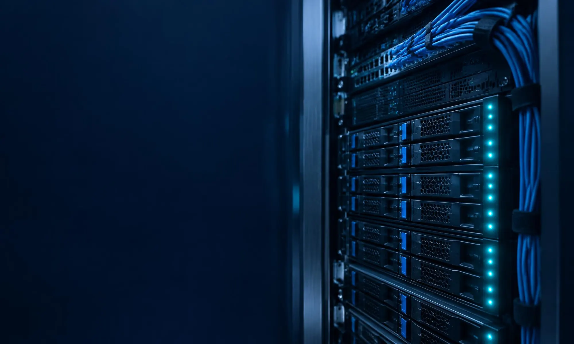 Close detail of a server rack with dressed cabling and drive bays
